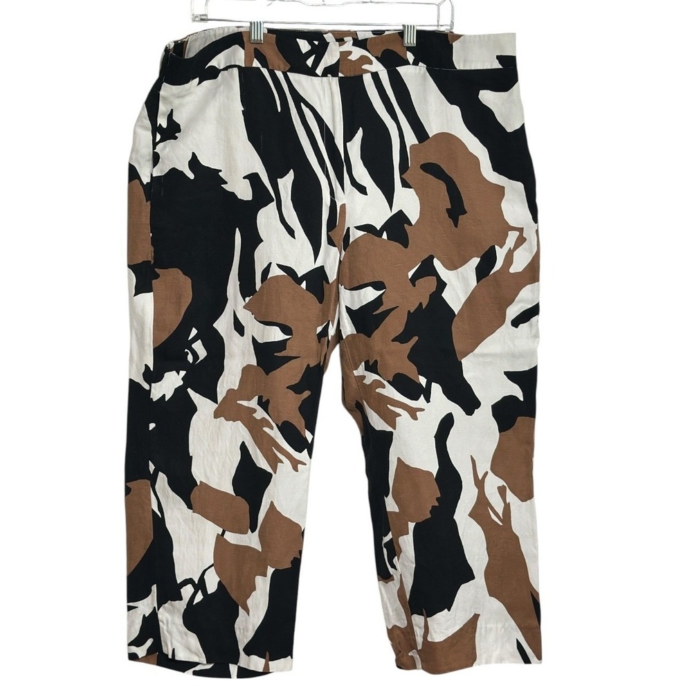Chico's Crop Linen Pants Women Black White Brown Abstract Animal Print 16R